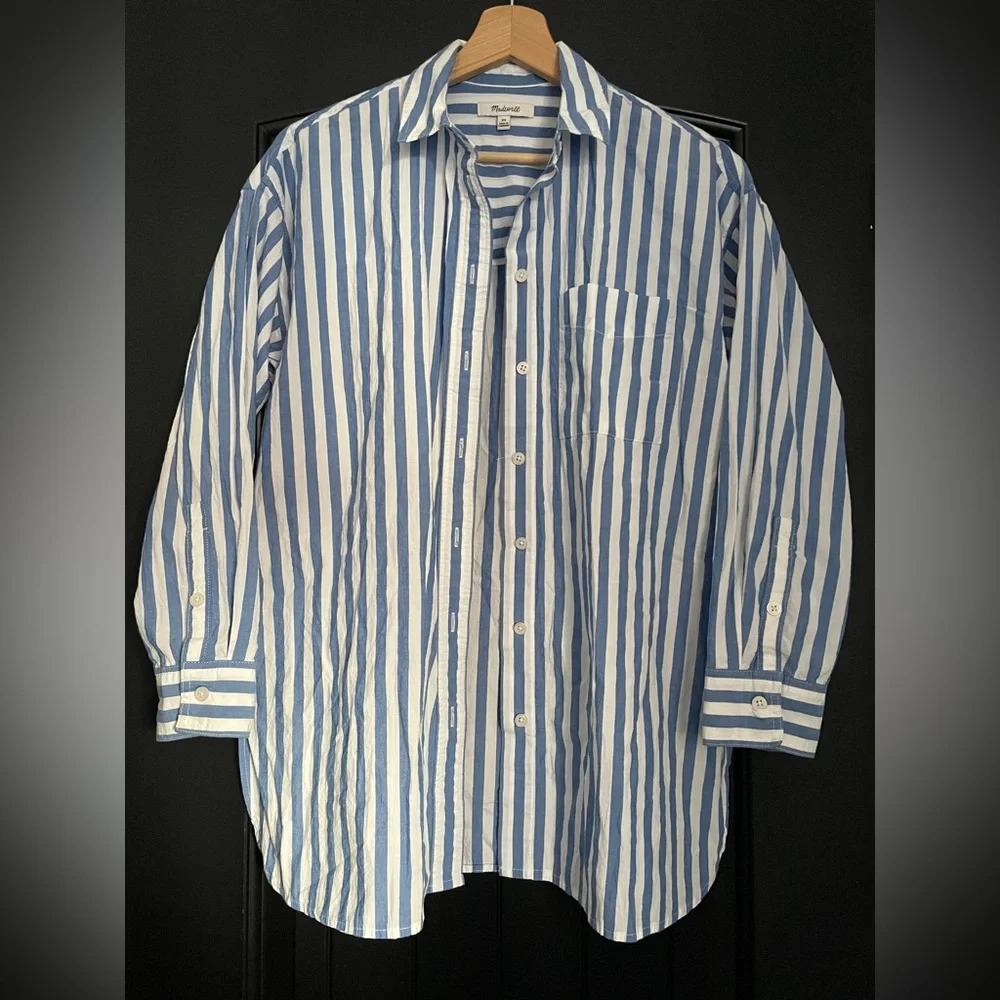 Madewell Signature Poplin Oversized Shirt - Blue and White Striped - Picture 3 of 7